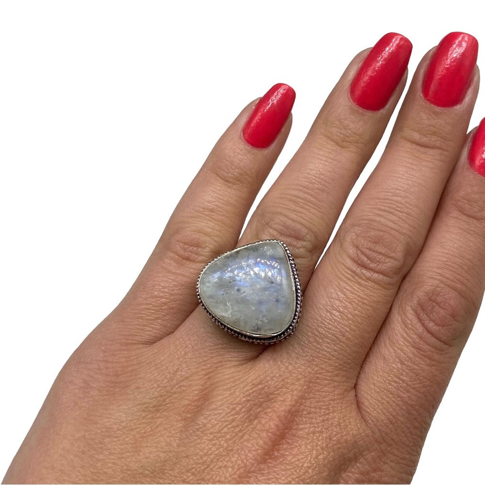 Rainbow Moonstone natural pear teardrop 925 stamped SS overlay ring. 7